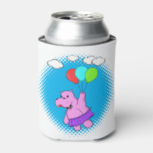 Pink Hippo Flying With Balloons Can Cooler