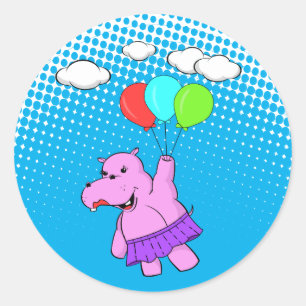 Pink Hippo Flying With Balloons Classic Round Sticker