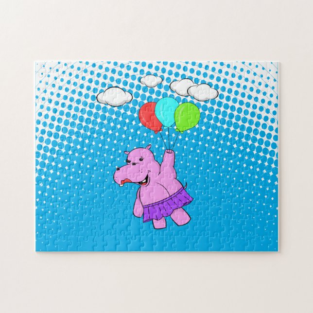 Pink Hippo Flying With Balloons Cute Baby Animal  Jigsaw Puzzle (Horizontal)
