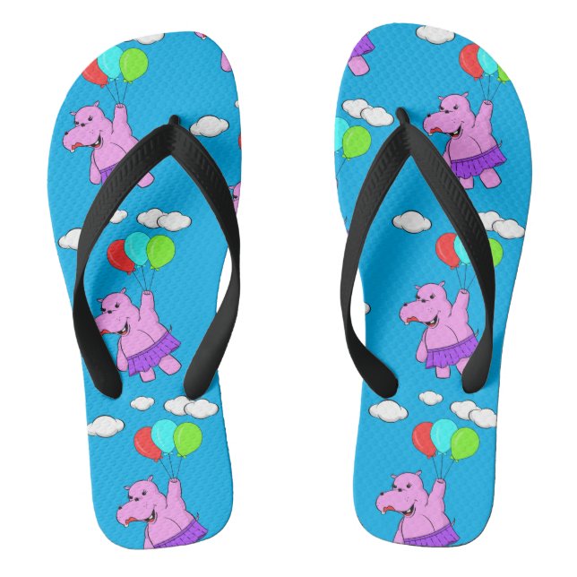 Pink Hippo Flying With Balloons In Blue Sky Flip Flops (Footbed)