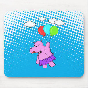 Pink Hippo Flying With Balloons Mouse Mat
