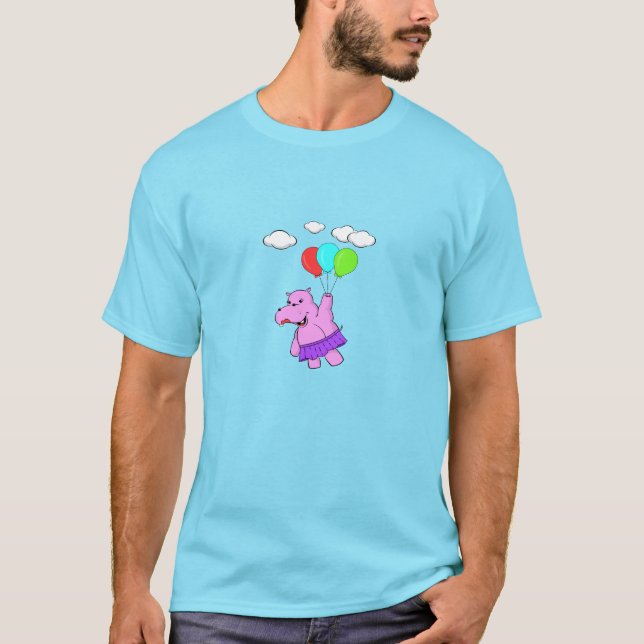Pink Hippo Flying With Balloons T-Shirt (Front)