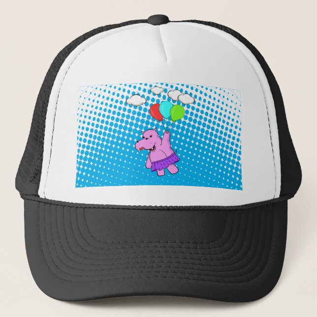 Pink Hippo Flying With Balloons Trucker Hat (Front)