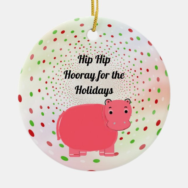 Pink Hippo Hooray for Holidays Ceramic Tree Decoration (Front)