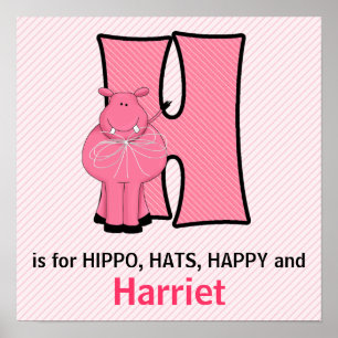 Pink Hippo Monogrammed "H" Baby Room Poster