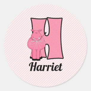 Pink Hippo Monogrammed Letter H with Name Classic Round Sticker