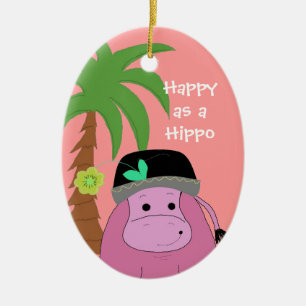 Pink Hippopotamus with a Palm Tree Ceramic Tree Decoration