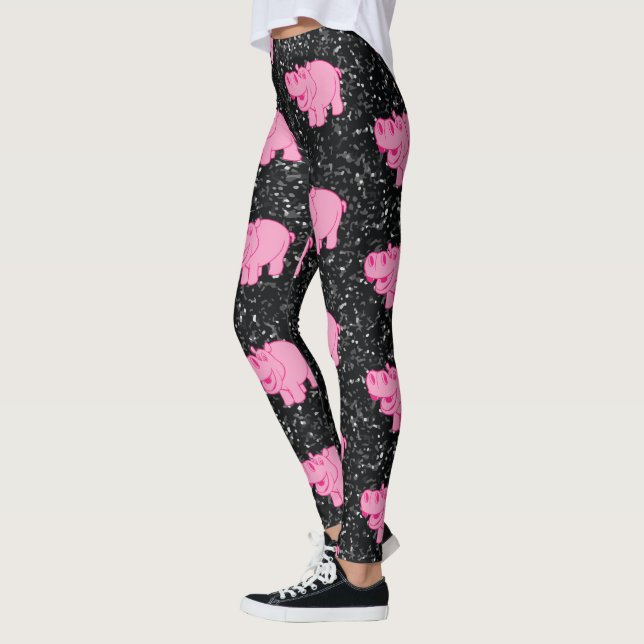 Pink Hippos Cute Hippopotamus Smiling Face Leggings (Left)