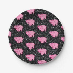 Pink Hippos Cute Hippopotamus Smiling Face Paper Plate