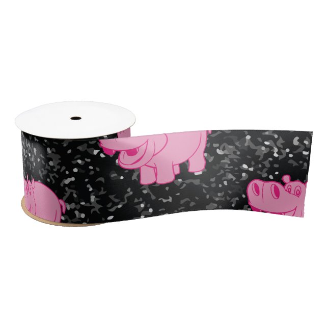 Pink Hippos Cute Hippopotamus Smiling Face Satin Ribbon (Spool)