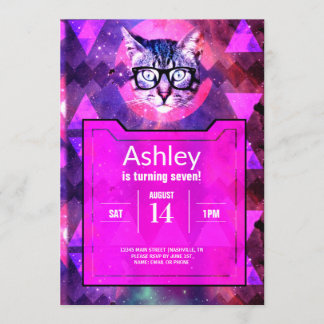 Pink Hipster Cat Birthday Invitation