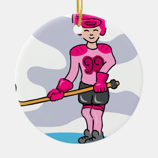 Pink hockey girl 99 ceramic tree decoration (Front)
