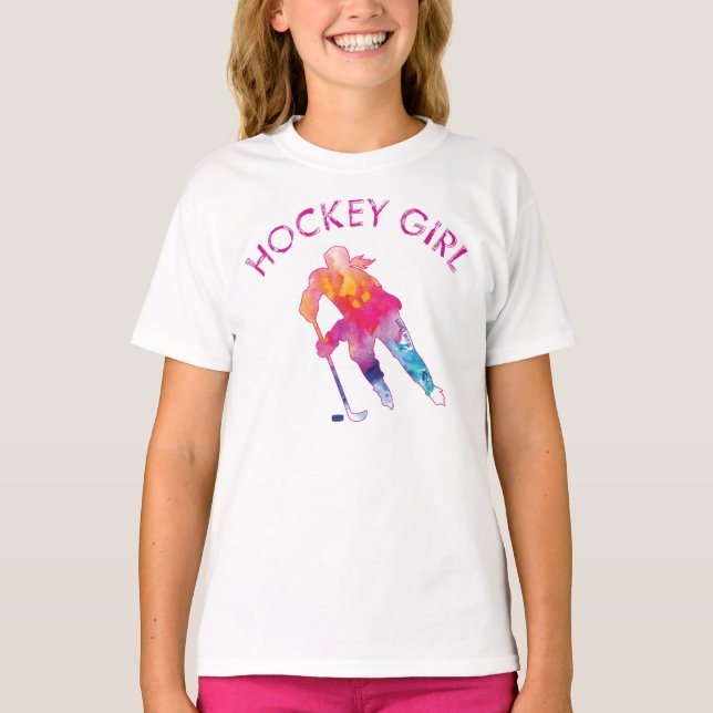 Pink Hockey Girl Watercolor T-Shirt (Front)