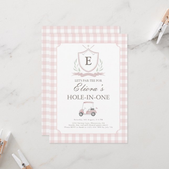 Pink Hole in One Gingham Birthday Invitation (Front/Back In Situ)
