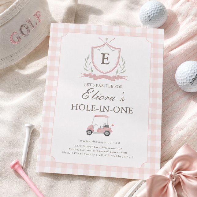 Pink Hole in One Gingham Birthday Invitation (Creator Uploaded)