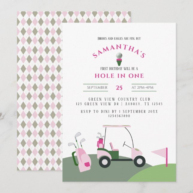 Pink Hole in One Golf 1st Birthday Par-tee  Invitation (Front/Back)