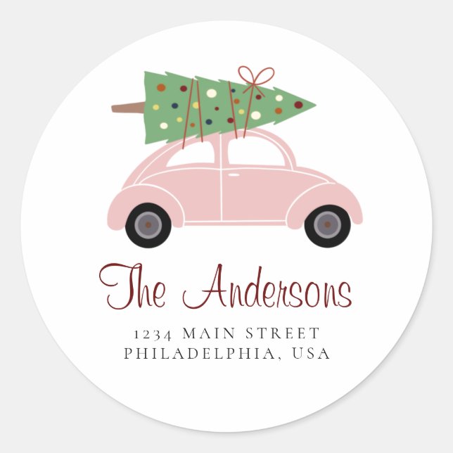 Pink Holiday Car with Christmas Tree Address Classic Round Sticker (Front)