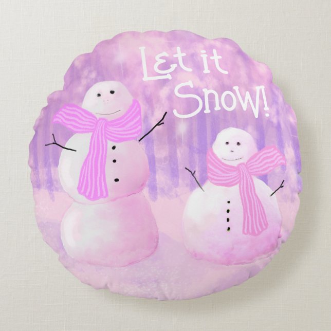 Pink Holiday Christmas Snowman Round Throw Pillow (Front)