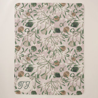 Pink Holiday Mistletoe & Baubles Pattern Monogram Sherpa Blanket