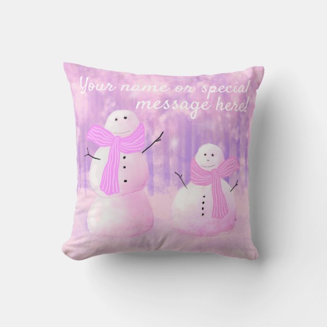 Pink Holiday Personalised Snowman Throw Pillow (Front)