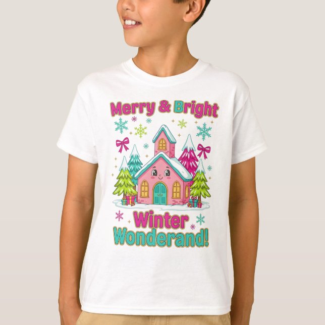 "Pink Holiday Village Magic" T-Shirt (Front)