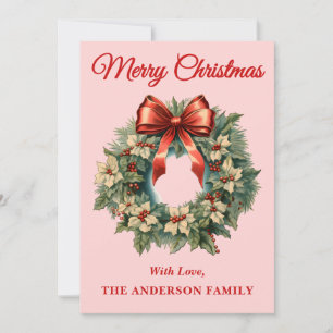 Pink Holly Berry Christmas Wreath Holiday Card