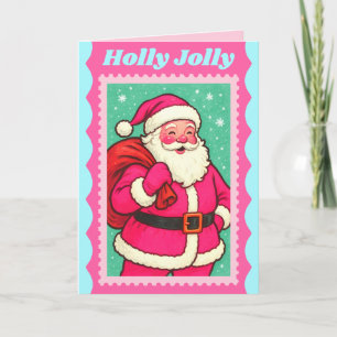 Pink Holly Jolly Santa Christmas Postage Stamp Holiday Card