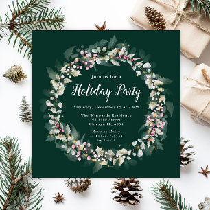 Pink Holly Wreath Holiday Party Invitation