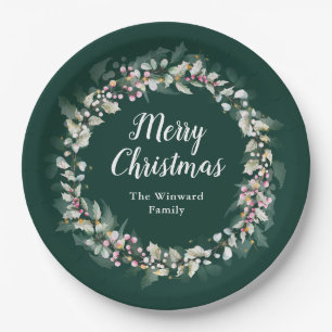 Pink Holly Wreath Merry Christmas Paper Plate