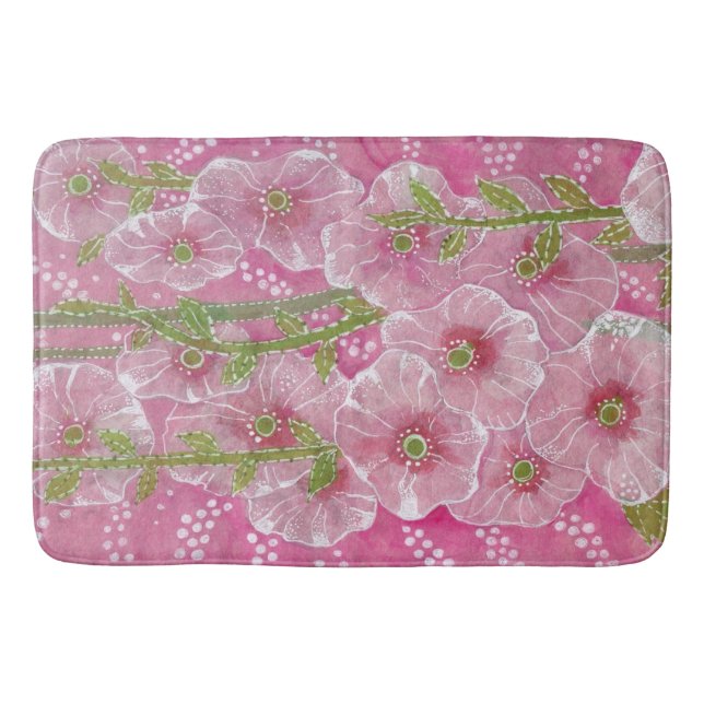 Pink Hollyhock Mallow Malva Flower Floral Painting Bath Mat (Front)