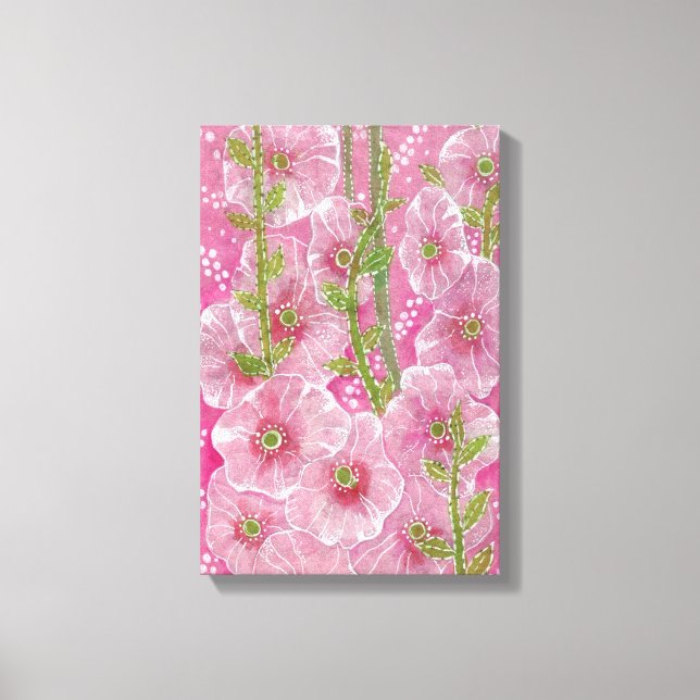 Pink Hollyhock Mallow Malva Flower Floral Painting Canvas Print (Front)