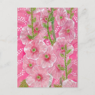 Pink Hollyhock Mallow Malva Flower Floral Painting Postcard