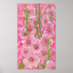 Pink Hollyhock Mallow Malva Flower Floral Painting Poster