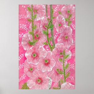 Pink Hollyhock Mallow Malva Flower Floral Painting Poster