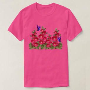 Pink Hollyhocks Butterfly Comfortable Cotton T-Shi T-Shirt