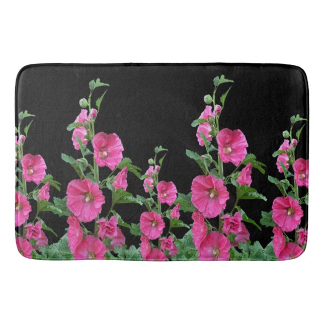 Pink Hollyhocks on Black  Bath Mat (Front)