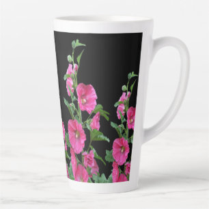 Pink Hollyhocks on Black Latte Mug
