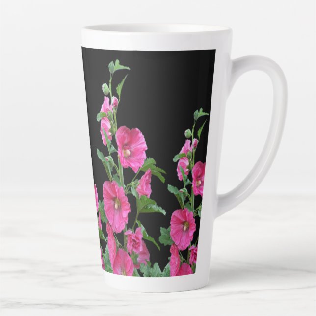 Pink Hollyhocks on Black  Latte Mug (Right)