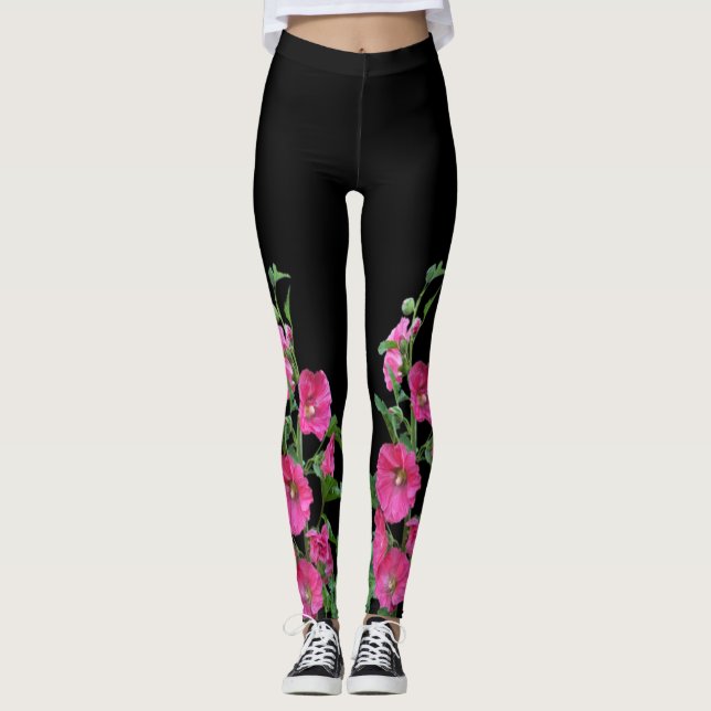 Pink Hollyhocks on Black Leggings (Front)