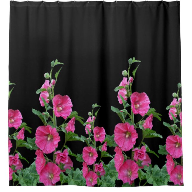 Pink Hollyhocks on Black  Shower Curtain (Front)