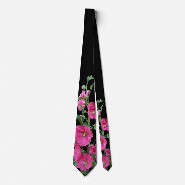 Pink Hollyhocks on Black  Tie (Front)