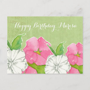 Pink Hollyhocks Watercolor Flowers Happy Birthday Postcard