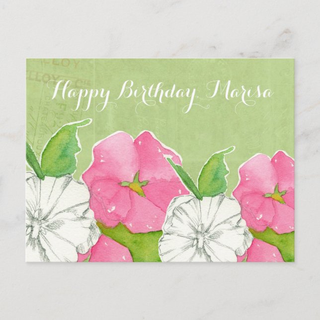 Pink Hollyhocks Watercolor Flowers Happy Birthday Postcard (Front)