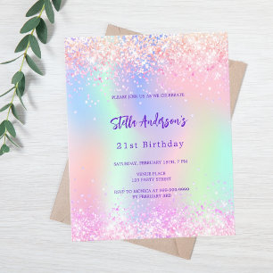 Pink holographic 21st birthday budget invitation