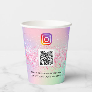 Pink holographic business logo qr code instagram paper cups