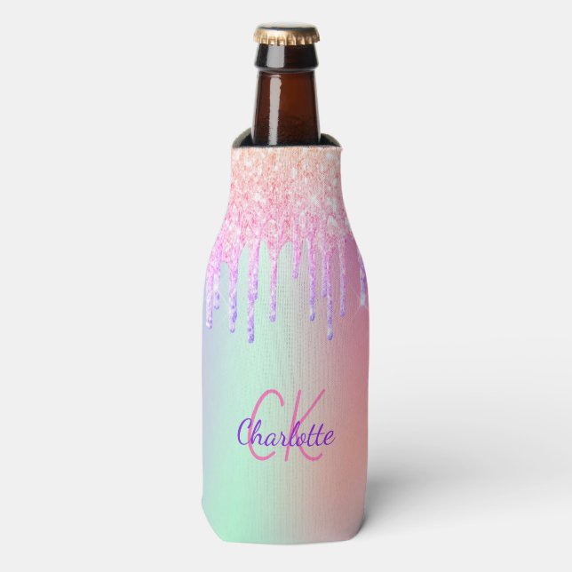 Pink holographic drips monogram bottle cooler (Bottle Front)