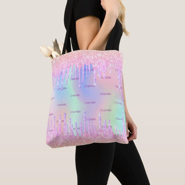 Pink holographic drips monogram tote bag (Close Up)
