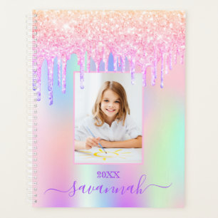 Pink holographic drips name photo girl planner