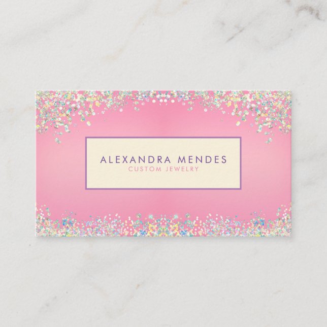 Pink Holographic Glitter Background Trendy Business Card (Front)