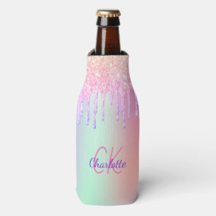 Pink holographic glitter drips monogram bottle cooler